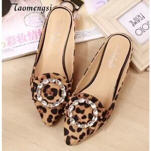 Taomengsi Womens Rhinestone Leopard Baotou Lazy Slippers Slip On Shoes Sz 8 NEW